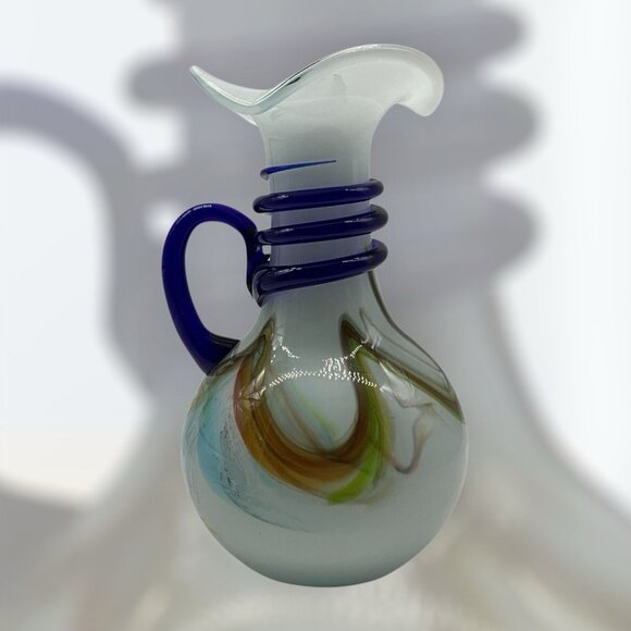 Murano Style Hand Blown Glass Pitcher With Cobalt Blue Rope And Handle Vintage - Picture 4 of 16